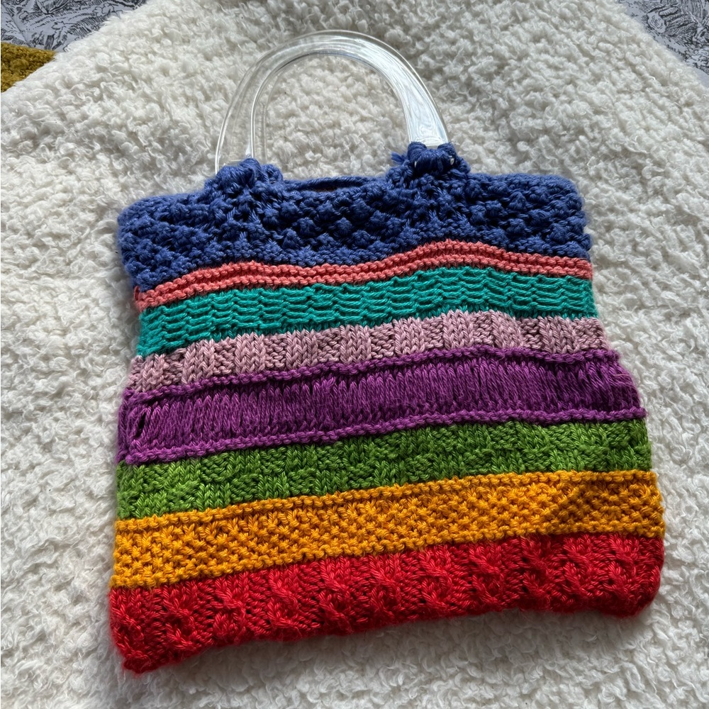 Colorful Striped Knit Handbag with Clear Handle - Picture 2 of 8